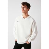 GRIMELANGE Off Erkek Organik Pamuklu Yazı Nakış Detaylı V Yakalı Içi Polarsız Oversize Beyaz Sweatshirt