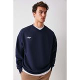GRIMELANGE Off Erkek Organik Pamuklu Yazı Nakış Detaylı V Yakalı Içi Polarsız Oversize Lacivert Sweatshirt