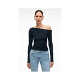 GRIMELANGE OLIVIENN Kadın Omuzu Açık Asimetrik Yakalı Uzun Kollu Slim Fit Lacivert Bluz