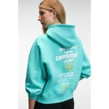 GRIMELANGE ORINQUE Kadın Kapüşonlu Baskı ve Nakış Detaylı Oversize Turkuaz Sweatshirt