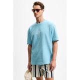 GRIMELANGE OURFLOW Erkek Nakış Detaylı %100 Organik Pamuk Bisiklet Yaka Kısa Kollu Oversize Açık Mavi T-Shirt