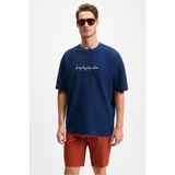 GRIMELANGE OURFLOW Erkek Nakış Detaylı %100 Organik Pamuk Bisiklet Yaka Kısa Kollu Oversize Lacivert T-Shirt