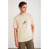 GRIMELANGE Pablo Erkek %100 Organik Pamuklu Regular Önü Baskılı Dikiş Dekoratif Detaylı Bej T-shirt