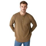 Grimelange Patrick Erkekm Triko Yakalı Waffle Özel Dokulu Kalın Kumaşlı Uzun Kol T-shirt, Haki, 2XL