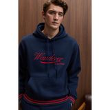 Grimelange Phantoseas Erkek Kapüşonlu Önü Nakışlı Etek ve Kol Triko Detaylı Lacivert Sweatshirt