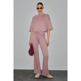 GRIMELANGE PRIME Kadın Organik Pamuklu Bisiklet Yaka Kısa Kollu Oversize Crop Pembe T-Shirt