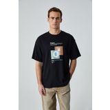 GRIMELANGE Prısmatıc Erkek Siyah Oversize Bisiklet Yaka Baskılı T-shirt