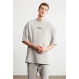 Grimelange Project Erkek Baskı Detaylı Oversize Fit %100 Organik Pamuk Örme Bisiklet Yaka Örme Gri T-shirt - XS