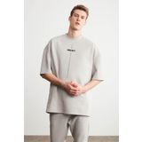 GRIMELANGE Project Erkek Baskı Detaylı Oversize Fit %100 Organik Pamuk Örme Bisiklet Yaka Örme Gri T-shirt