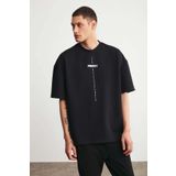 GRIMELANGE Project Erkek Baskı Detaylı Oversize Fit %100 Organik Pamuk Örme Bisiklet Yaka Örme Siyah T-shirt