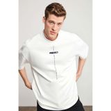 Grimelange Project Erkek Baskı Detaylı Oversize Fit %100 Organik Pamuk Örme Bisiklet Yaka Örme T-shirt, Beyaz, XL