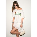 Grimelange QALY Kadın Kayık Yaka Tek Omuz Kısa Kol Ön Ve Arka Baskı Detaylı Relaxed Ekru T-Shirt - XL