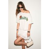 GRIMELANGE QALY Kadın Kayık Yaka Tek Omuz Kısa Kol Ön Ve Arka Baskı Detaylı Relaxed Ekru T-Shirt