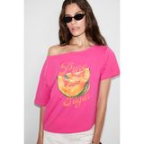 Grimelange Qaly Kadın Kayık Yaka Tek Omuz Kısa Kol Ön ve Arka Baskı Detaylı Relaxed Pembe T-Shirt - XS