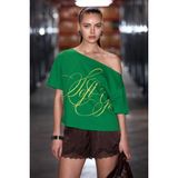 GRIMELANGE QALY Kadın Kayık Yaka Tek Omuz Kısa Kol Ön Ve Arka Baskı Detaylı Relaxed Yeşil T-Shirt