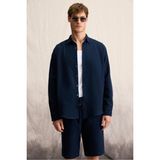 Grimelange Raımo Erkek %100 Pamuklu Müslin Kumaş Manşetli Uzun Kol Comfort Fit Lacivert Gömlek - 2XL