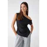 Grimelange Rehınga Kadın %100 Pamuk Asimetrik Yaka Regular Fit Kısa Kol Siyah Bluz - XL