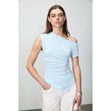 Grimelange Rehınga Kadın Asimetrik Yaka Regular Kısa Kol Açık Mavi Bluz - XL