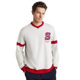 Grimelange Reynon Erkek V Yakalı Aplikeli Organik Pamuklu İçi Polarlı Yumuşacık V Yaka Taş Rengi Sweatshirt, XL
