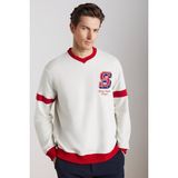 GRIMELANGE Reynon Erkek V Yakalı Aplikeli Organik Pamuklu Içi Polarlı Yumuşacık V Yaka Taş Rengi Sweatshirt