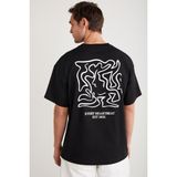 Grimelange Rico Erkek%100 Pamuklu Önü Ve Arkası Baskılı Bisiklet Yaka Kısa Kollu Oversize Siyah T-Shirt