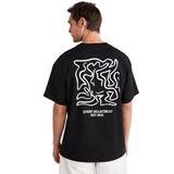Grimelange Rico Erkek%100 Pamuklu Önü Ve Arkası Baskılı Bisiklet Yaka Kısa Kollu Oversize T-Shirt, Siyah, 2XL