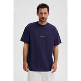 Grimelange Rıver Erkek Oversize Fit Bol Kesim Nakış Işlemeli Basic Örme Koyu Mor T-Shirt - XL
