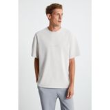 Grimelange River Erkek Oversize Fit Bol Kesim Nakış İşlemeli Basic Örme T-shirt, Taş Rengi, 2XL