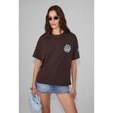 Grimelange Sahara Kadın Yumuşak ve %100 Organik Pamuklu Baskı Detaylı Kahverengi T-Shirt - XS