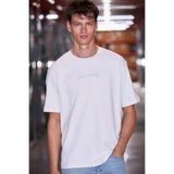 GRIMELANGE SAIMON Erkek %100 Organik Pamuklu Yuvarlak Yakalı Nakış Detaylı Regular Fit Ekru T-Shirt