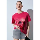 GRIMELANGE SALENNA Kadın Yumuşak Kumaşlı Baskı Detaylı Regular Fit Fuşya T-Shirt