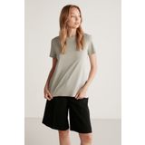 GRIMELANGE Samantha Kadın %100 Organik Pamuklu Comfort Fit Arkası Uzun Basic Örme Açık Gri T-shirt