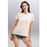 GRIMELANGE Samantha Kadın %100 Organik Pamuklu Comfort Fit Arkası Uzun Basic Örme Bej T-shirt