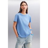 Grimelange Samantha Kadın %100 Organik Pamuklu Comfort Fit Arkası Uzun Basic Örme Indigo T-shirt - İndigo