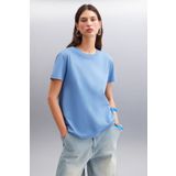 GRIMELANGE Samantha Kadın %100 Organik Pamuklu Comfort Fit Arkası Uzun Basic Örme Indigo T-shirt