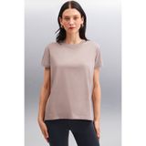 GRIMELANGE Samantha Kadın %100 Organik Pamuklu Comfort Fit Arkası Uzun Basic Örme Vizon T-shirt