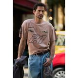 Grimelange Spıez Erkek %100 Organik Pamuklu Yıkama ve Baskı Detaylı Regular Vizon T-Shirt - Vizyon