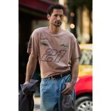 GRIMELANGE SPIEZ Erkek %100 Organik Pamuklu Yıkama Ve Baskı Detaylı Regular Vizon T-Shirt