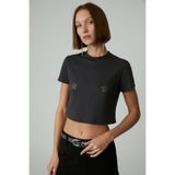 GRIMELANGE STARSTRUCK Kadın Crop Taşlı Yuvarlak Yaka Koyu Gri T-Shirt