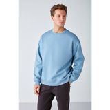 Grimelange Stephan Erkek Yumuşacık Kışlık Kumaşlı 3 İplik Organik Pamuk Örme Oversize Sweatshirt, Mavi, 2XL