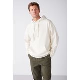 GRIMELANGE Steve Erkek Yumusaçık Kumaşlı Kordonlu Oversize Kapüşonlu Kanguru Cepli Ekru Sweatshirt