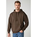 Grimelange Steve Erkek Yumusaçık Kumaşlı Kordonlu Oversize Kapüşonlu Kanguru Cepli Kahverengi Sweatshirt - 2XL
