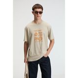 Grimelange Sweet Erkek %100 Pamuk Oversize Fit Baskılı Kısa Kollu Yuvarlak Yakalı Taş Rengi T-Shirt - XL