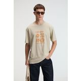 GRIMELANGE SWEET Erkek %100 Pamuk Oversize Fit Baskılı Kısa Kollu Yuvarlak Yakalı Taş Rengi T-Shirt