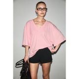 GRIMELANGE SYLORA Kadın Organik Pamuklu Keten Karışımlı V Yakalı Rahat Kalıp Pembe T-Shirt