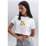 GRIMELANGE TANITH 100% Pamuk Kadın Crop Beyaz T-Shirt