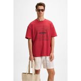 GRIMELANGE TEMPUS Erkek Baskı Detaylı %100 Organik Pamuk Bisiklet Yaka Oversize Fit Bordo T-Shirt