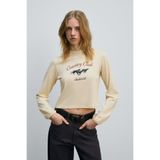 GRIMELANGE TIMBALI Kadın %100 Pamuk Yumuşak Kumaşlı Baskılı Kol Ucu Lastikli Balon Kollu Krem T-Shirt
