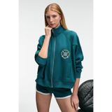 GRIMELANGE TORMENTA Kadın Nakışlı Fermuarlı Dik Yaka Çift Cepli Reglan Kol Koyu Turkuaz Sweatshirt