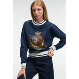 GRIMELANGE VALLUNE Kadın Kontrast Triko Etek Ucu Manşet Ve Yakalı Nakış Crop Lacivert Sweatshirt